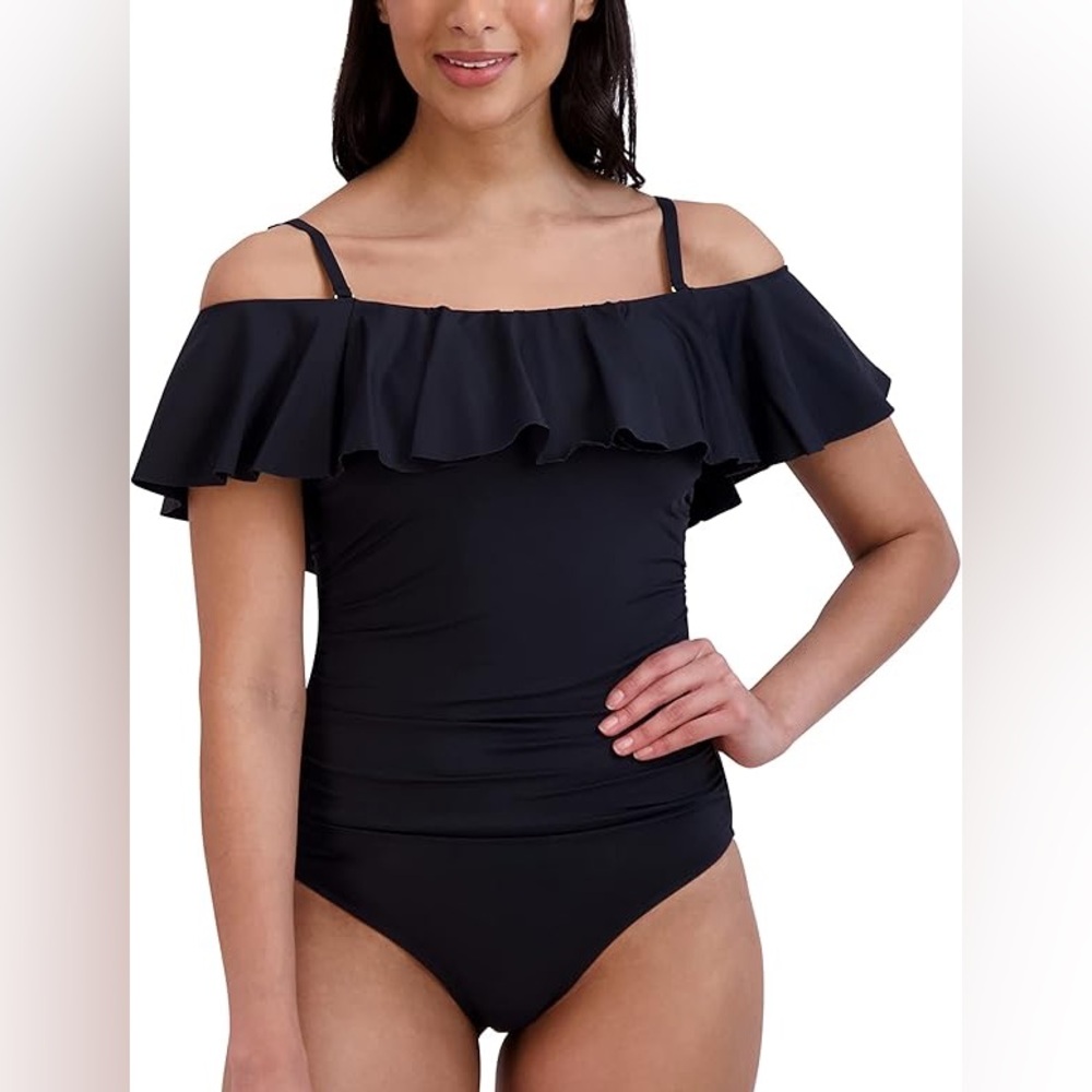 NWT BCBGMaxazria Black Ruffle Sleeve One Piece Swimsuit Size Large - Picture 2 of 7